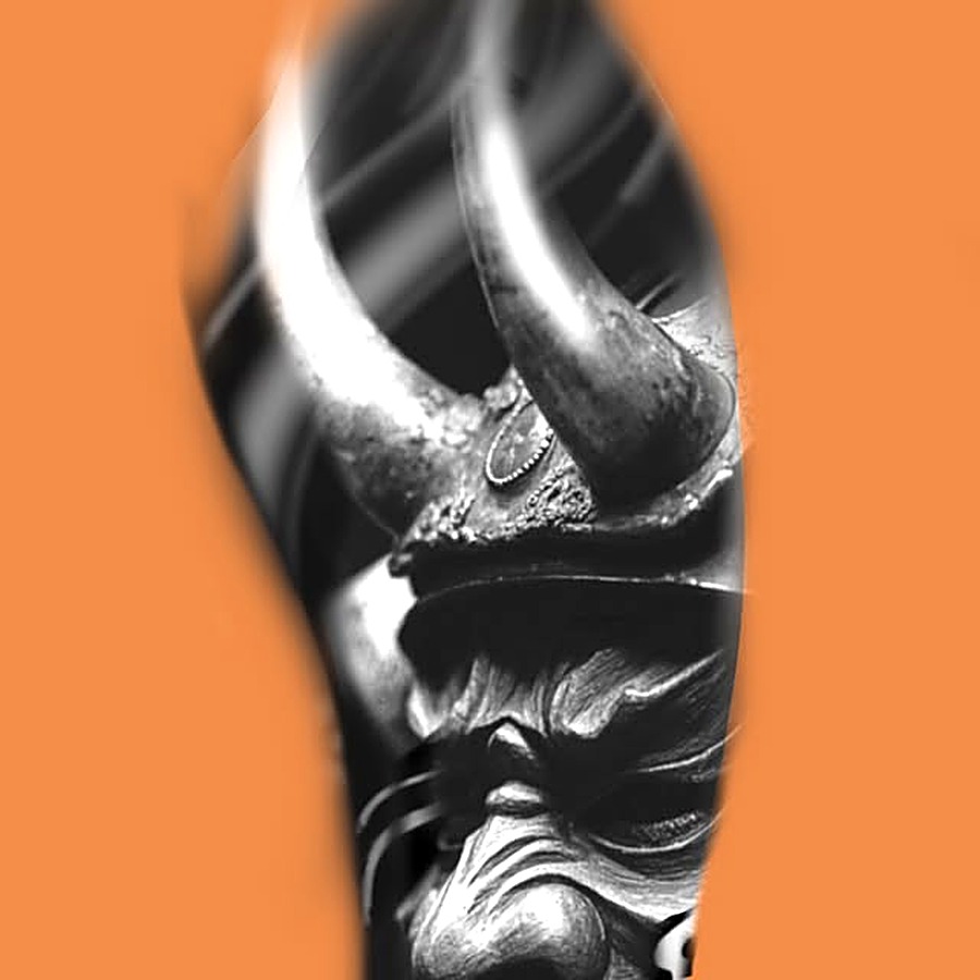 Custom black and grey oni mask tattoo design